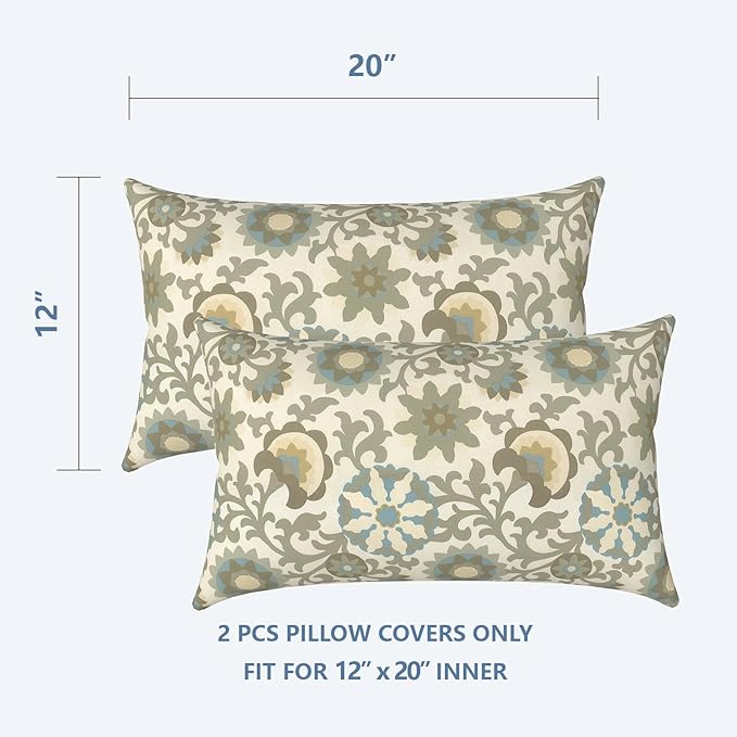 LVTXIII Set of 2 Patio Lumbar Pillow Covers ONLY, 12" x 20" Fade Resistant Outdoor Lumbar Pillow Cases, Fluffy Decorative Garden Lumbar Cushions Covers for Home Patio Coach Sofa Use, Floral Symphony‌