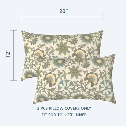 LVTXIII Set of 2 Patio Lumbar Pillow Covers ONLY, 12" x 20" Fade Resistant Outdoor Lumbar Pillow Cases, Fluffy Decorative Garden Lumbar Cushions Covers for Home Patio Coach Sofa Use, Floral Symphony‌