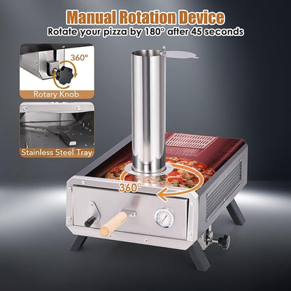 HAPPYGRILL Outdoor Pizza Oven with Rotatable Pizza Stone, Wood Fired Pizza Maker with Pizza Peel, Thermometer & Rain Cover, Countertop Stainless Steel Pizza Stove for Camping Picnic Party