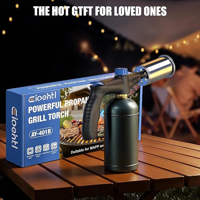 Powerful propane torch gun Ergonomic handle, One-Touch Ignition, Adjustable Flame, Flame Thrower with One-Piece Safety Design Ideal for Grill & Cooking, Sous Vide, Searing Steak, BBQ, Campfire Starter