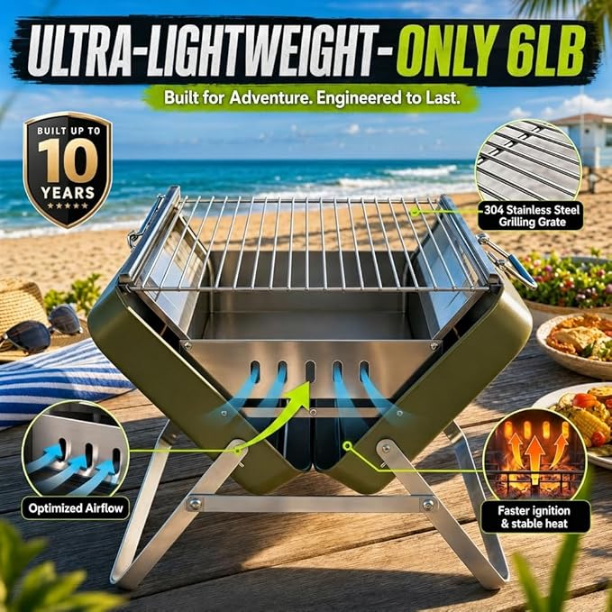 Ranger Plus Portable Charcoal Grill – Folding BBQ with Large Grilling Grate for Camping, Tailgating & Backyard | Serves 4–5, Full‑Grate Cooking Coverage, 304 Stainless Steel, 3‑Second Setup