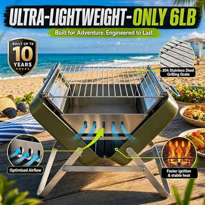 Ranger Plus Portable Charcoal Grill – Folding BBQ with Large Grilling Grate for Camping, Tailgating & Backyard | Serves 4–5, Full‑Grate Cooking Coverage, 304 Stainless Steel, 3‑Second Setup