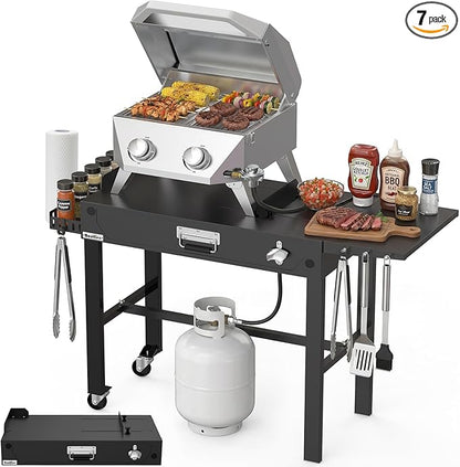 BESTFIRE 2-Burner Tabletop Propane Grill with Foldable Grill Cart, Portable Gas BBQ Station with Wheels & Prep Table, Dual-Fuel Setup for 1lb & 20lb Tanks, Stainless Steel Outdoor Kitchen for Camping