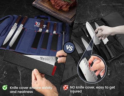 SYOKAMI 14pcs Chef Knife Set with Roll Bag, Professional Stainless Steel Japanese Knife Set with Pakkawood Handle for Professional Chef, Camping, Travel, BBQ, RV or Gift