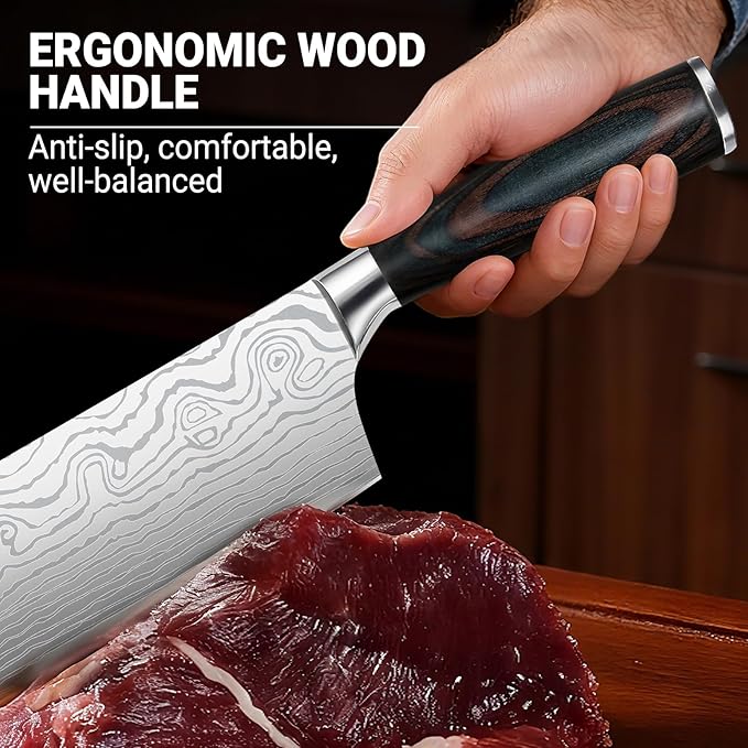 Nakiri Knife 7 Inch Sharp Meat Cleaver and Vegetable Kitchen Knife Damascus Asian Chef Knife for Home and Kitchen with Ergonomic Handle High Carbon Stainless Steel knife Chef Cooking Gift