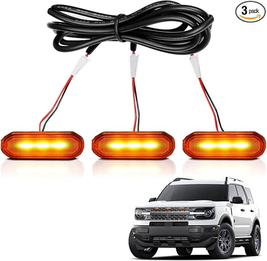 Front LED Grill Lights Compatible with Ford Bronco Accessories 2021 2022 2023 2024 2025 2/4-Door Badlands Wildtrak Everglades, Amber Light, 3PCS
