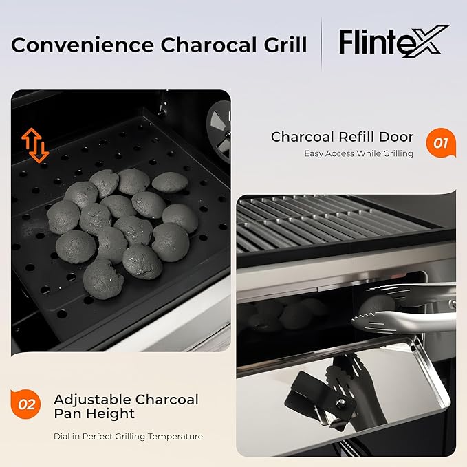 Flintex Propane Gas and Charcoal Grill Combo with Griddle Pan & Porcelain-Enameled Cast Iron Grates, Dual Fuel BBQ Grill for Outdoor Events & Backyard Barbecue, 720 SQIN Cooking Area
