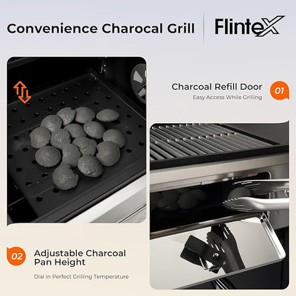 Flintex Propane Gas and Charcoal Grill Combo with Griddle Pan & Porcelain-Enameled Cast Iron Grates, Dual Fuel BBQ Grill for Outdoor Events & Backyard Barbecue, 720 SQIN Cooking Area