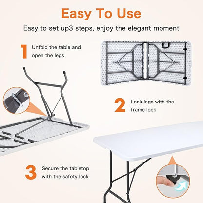 Sweetcrispy 6 FT Folding Picnic Table 2 Pack, Easy to Fold and Store, Foldable Table for Camping Picnic Dining Party Kitchen Outdoor Indoor with Carrying Handle