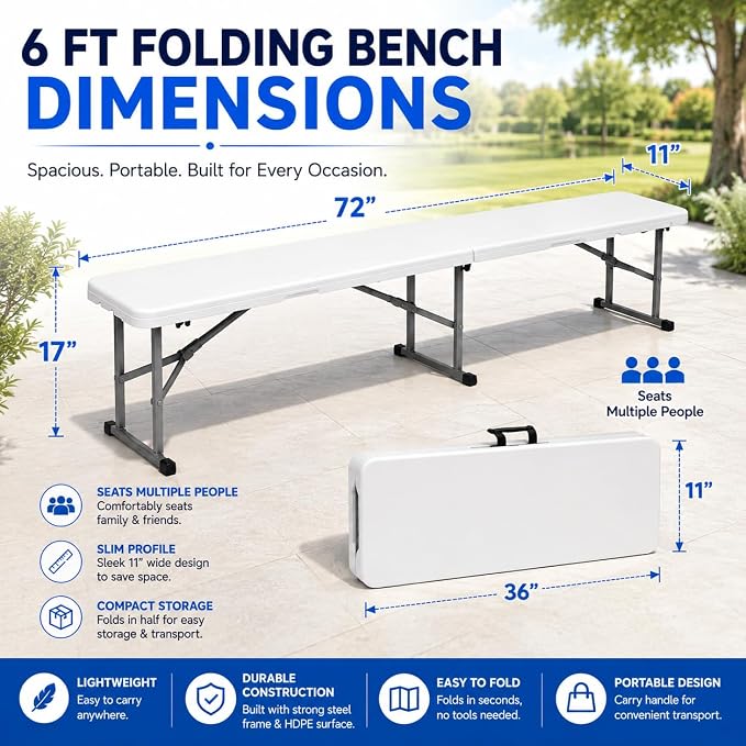 Plastic Folding Bench - Portable Bench Used for Indoor, Outdoor, Picnic, Party, Camping, Dining Seat, Garden Soccer Multipurpose Entertaining Activities, White (1, White, 6 Feet)