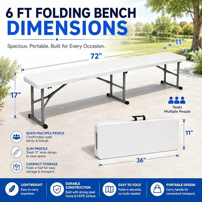 Plastic Folding Bench - Portable Bench Used for Indoor, Outdoor, Picnic, Party, Camping, Dining Seat, Garden Soccer Multipurpose Entertaining Activities, White (1, White, 6 Feet)