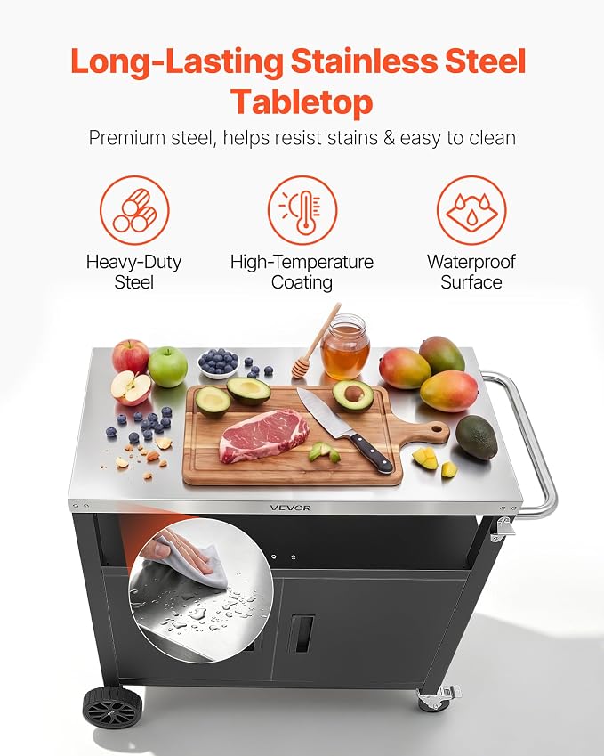VEVOR Outdoor Grill Cart with Storage Cabinet, 36.4 Inch Grill Table, Waterproof Kitchen Island with Stainless Steel Top, Shelf, and Wheels, Movable Food Prep Station for Patio Bar Backyard BBQ