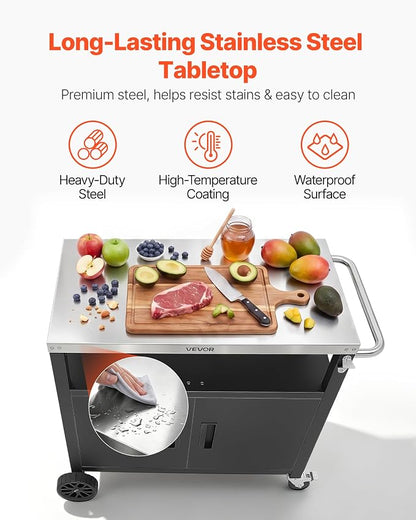 VEVOR Outdoor Grill Cart with Storage Cabinet, 36.4 Inch Grill Table, Waterproof Kitchen Island with Stainless Steel Top, Shelf, and Wheels, Movable Food Prep Station for Patio Bar Backyard BBQ