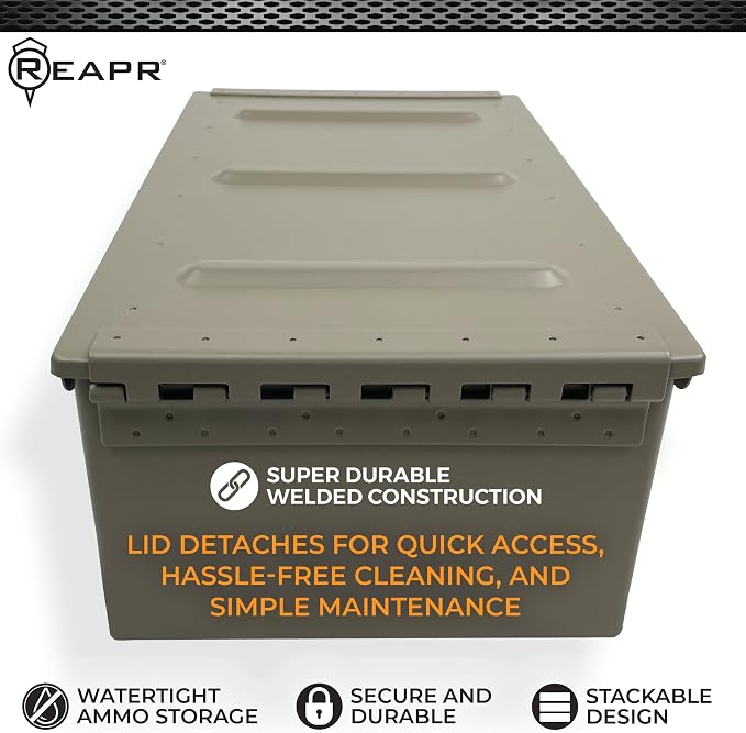 Reapr Steel Ammo Can, Heavy Duty Locking Metal Ammo Storage Box, Airtight and Watertight 30 Cal or 50 Cal Case for Rifle, Shotgun, Pistol, Military Footlocker Style Tool and Gear Organizer