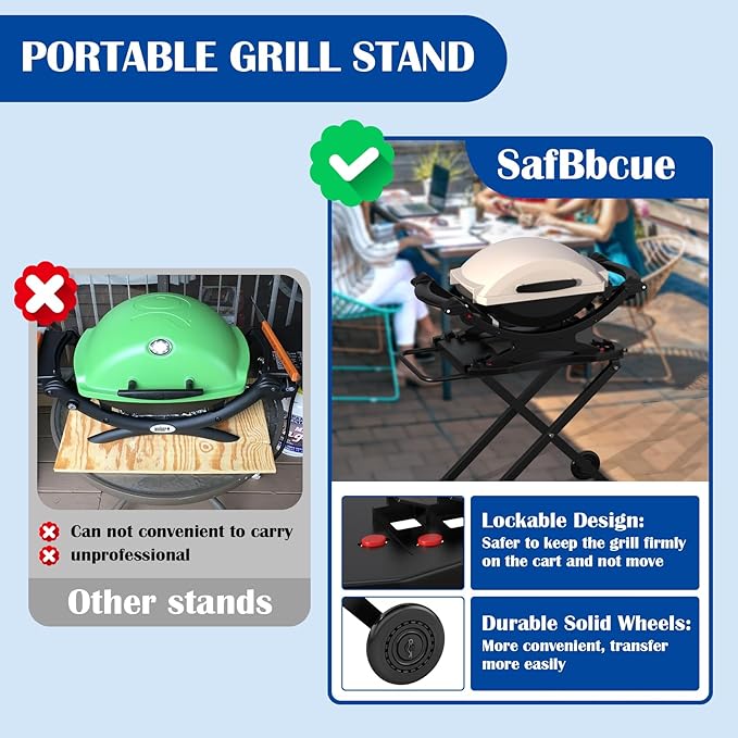SafBbcue Outdoor Collapsible Grill Table for Weber Q Series Q1200 Grill, Foldable Grill Stand for Weber Q1000 Q2000 Q2200 Table Top Grill Accessories with Transport Handle and Wheels