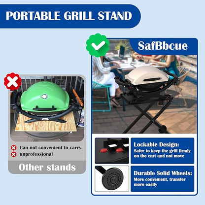 SafBbcue Outdoor Collapsible Grill Table for Weber Q Series Q1200 Grill, Foldable Grill Stand for Weber Q1000 Q2000 Q2200 Table Top Grill Accessories with Transport Handle and Wheels