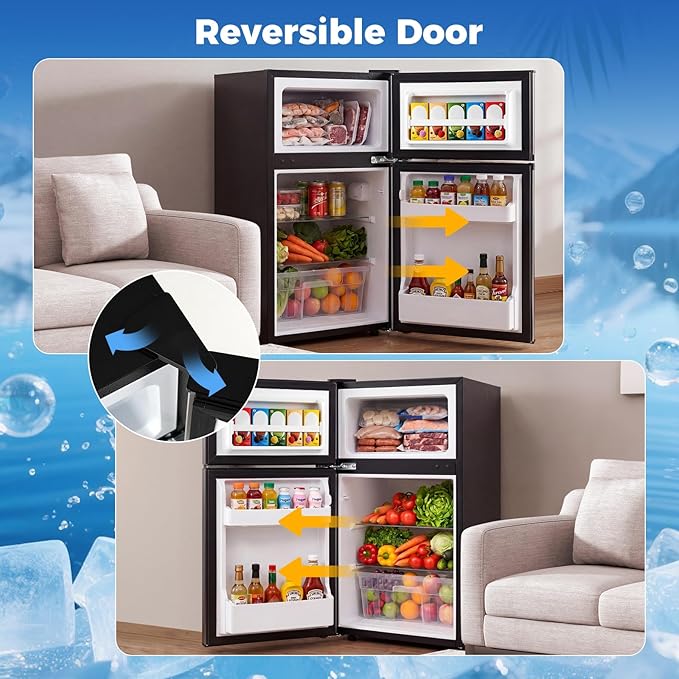 COSTWAY Compact Refrigerator, 3.2 Cu.Ft. Fridge Freezer Compartment with Reversible 2 Door, Adjustable Thermostat, Removable Glass Shelves, Mini Refrigerator for Bedroom Dorm Apartment, Glossy Silver