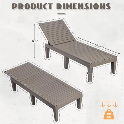 Outdoor Chaise Lounge Chairs Set of 4, 5-Position Adjustable Heavy Duty Tanning Loungers with Wood Texture, All-Weather Resin Patio Recliners for Pool, Garden, Deck, Beach, Grey