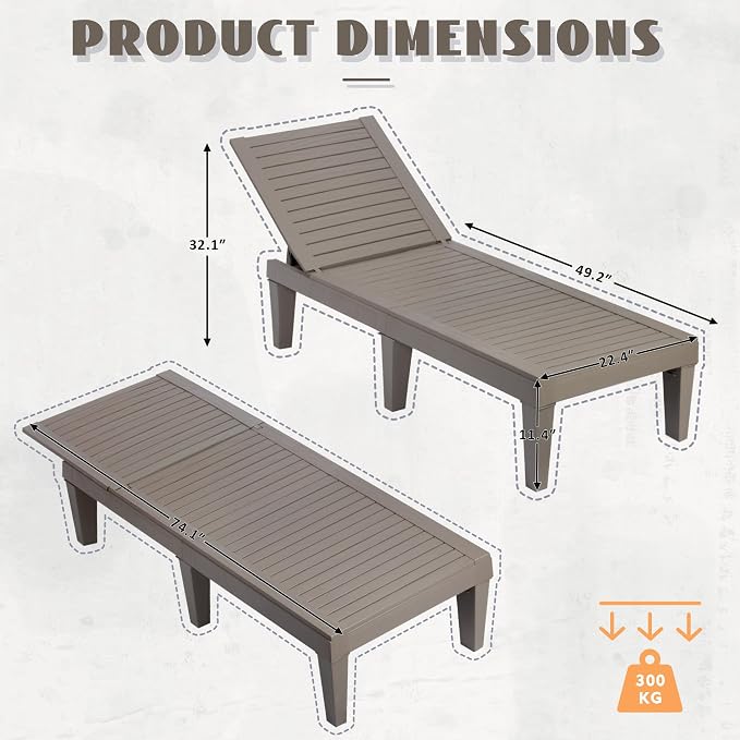 Outdoor Lounge Chairs Set of 2, 5-Position Adjustable Tanning Chairs with Wood Grain, All-Weather Resin Patio Recliners for Pool, Garden, Deck, Beach, Patio Lounge Chairs, Texture Grey