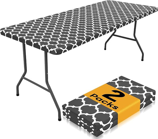 Smiry 2 Pack Rectangle Table Cloth 6 Foot, Waterproof Elastic Fitted Tablecloths, Windproof Washable Polyester Table Cover for Picnic, Camping, Outdoor (Dark Grey, 30"x72")