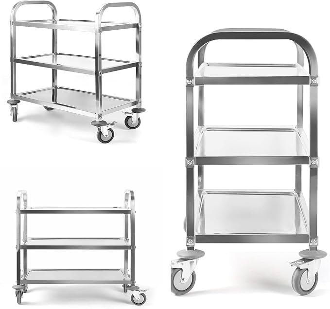 Nisorpa 3 Tier Kitchen Rolling Cart, Stainless Steel, L30 x W16 x H33 Inch | Utility Cart with Wheels, Serving Trolley, Catering Storage Shelf, 2 Lockable Wheels, For Hotel, Restaurant, Home Use