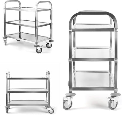 Nisorpa 3 Tier Kitchen Rolling Cart, Stainless Steel, L30 x W16 x H33 Inch | Utility Cart with Wheels, Serving Trolley, Catering Storage Shelf, 2 Lockable Wheels, For Hotel, Restaurant, Home Use