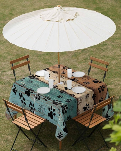 Dog Paw Print Outdoor Tablecloth - 54x54 Inch Square Dining Table Cover, Rustic Teal Brown Beige Wooden Farmhouse Waterproof Outdoor Table Cloth with Umbrella Hole & Zipper for Picnic/Patio/Party