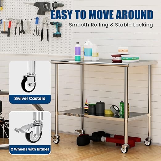 Stainless Steel Work Table with Wheels, 24x48 Inch NSF Kitchen Prep Table with Adjustable Undershelf for Commercial Restaurant, Garage, Outdoor BBQ