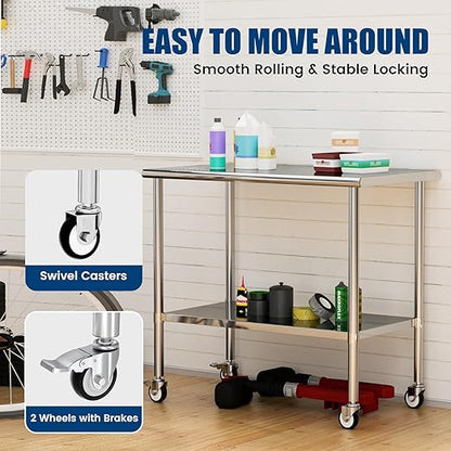 Stainless Steel Work Table with Wheels, 24x48 Inch NSF Kitchen Prep Table with Adjustable Undershelf for Commercial Restaurant, Garage, Outdoor BBQ