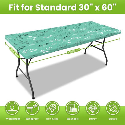 Smiry Spandex Fitted Tablecloth for 5 Foot Rectangle Tables, Washable Picnic Table Cover with Elastic, Stretch Reusable Table Cloth for Outdoor, Camping, Dining & Kitchen (Sage Green Leaf, 30"x60")