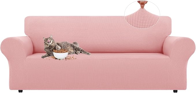 LURKA Stretch Couch Cover for Sofa, 1 Piece 3 Cushion Slipcover, Pink | Soft Stretch Jacquard, Fits 78"-94" Sofas, Elastic Bottom for Secure Fit, Machine Washable, Pet & Kid Friendly