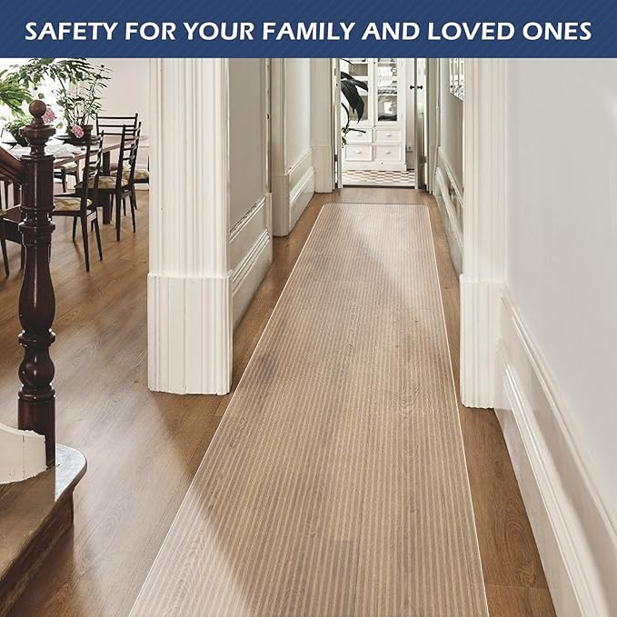 SALLOUS Vinyl Runner Rug, 3'x10' Waterproof Runner Mat for Hallway, Non-Slip Hard Floor Protector for Kitchen, Laundry, Living Room, Cutable Plastic Floor Mat for Outdoor and Indoor (Clear-Striped)