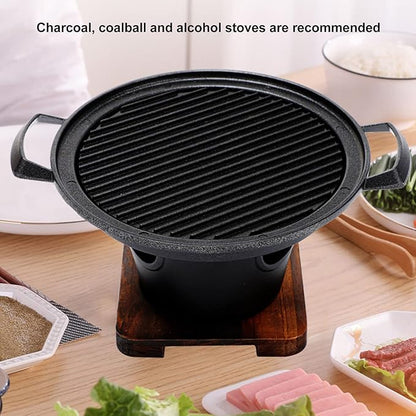 Charcoal Grill, Portable Charcoal Grill Japanese Hibachi Grill with Wooden Base, 8.46 X 6.89 X 5.31in Portable Grill Smokeless Cast Iron Hibachi Grill Grill for BBQ
