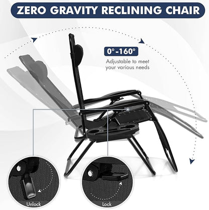Giantex Zero Gravity Reclining Chair, Outdoor Patio Recliner with Cup Holder & Removable Pillow, Adjustable Backrest, Indoor Lounge Chair for Backyard, Garden, Poolside (Black)