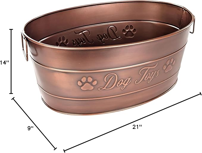 BREKX Indestructible Metal Dog Toy Bin - Galvanized Metal Bin with Handles for Accessory Storage - Pet Toy Basket, Blanket Basket - Storage Dog Toy Box, Farmhouse Decor (Copper - 25 Quart)