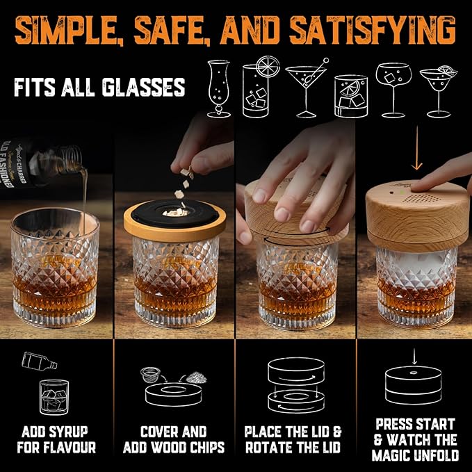 Old Fashioned Smoker Kit - Electric Cocktail Smoker Bundle with Syrup, Amarena Cherries, Orange Garnish and 8 Wood Chip Flavors - Electric Whiskey Smoker Kit