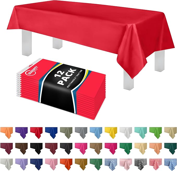 Grandipity 12 Pack Premium Disposable Plastic Tablecloth 54 Inch. x 108 Inch. Decorative Rectangle Table Cover - Red