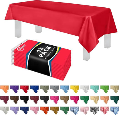 Grandipity 12 Pack Premium Disposable Plastic Tablecloth 54 Inch. x 108 Inch. Decorative Rectangle Table Cover - Red