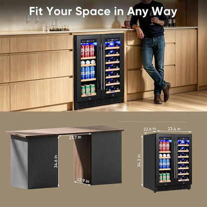 24 Inch Built-in Wine and Beverage Refrigerator Dual Zone | Under Counter Wine Fridge with Glass Door, Digital Touch Panel with °C/°F Switch, Low Noise Cooling for Kitchen, Home Use