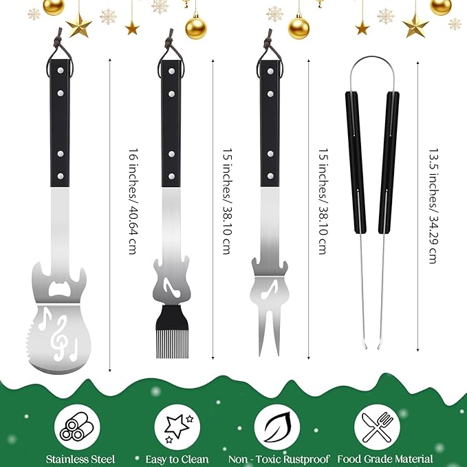 Jingmore 4 Pcs Guitar Gifts for Dad Men Father's Day Grill BBQ Guitar Gift Spatula Tong Fork Heavy Duty Stainless Steel Barbecue Utensils Grilling Accessories Set for Music Lover Enthusiast Birthday