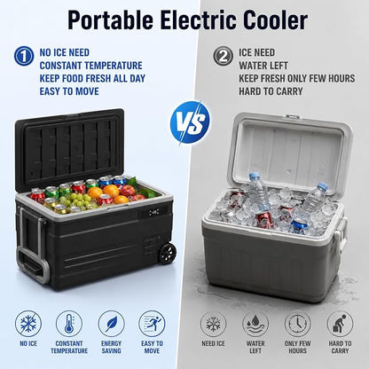 YELLOW JACKET Car Refrigerator, 78QT Cooler with Wheels, Portable Freezer | -4°F to 68°F, MAX/ECO, 3-level battery, tilt 45°, <45dB, 78QT(74L), multi-power, wheels, LED/drain