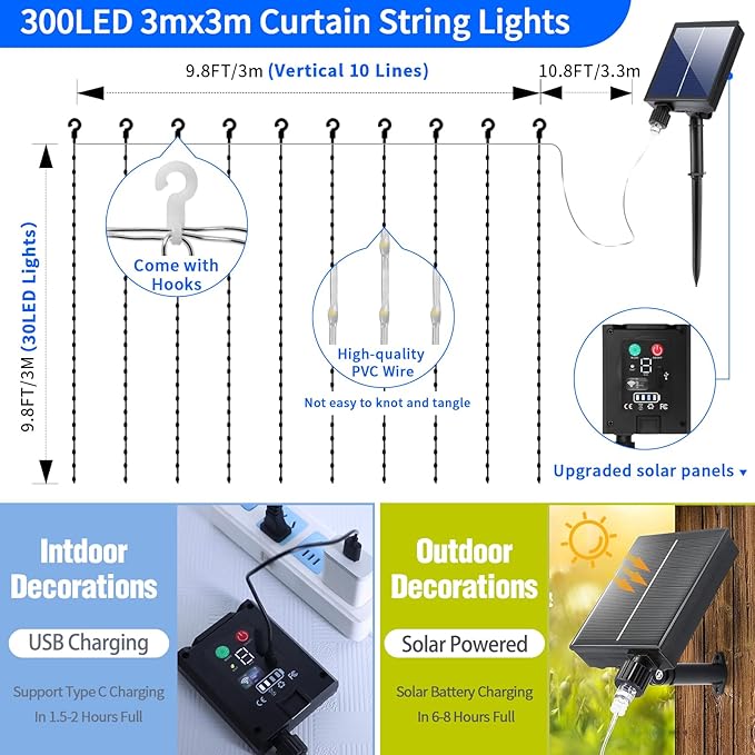 Solar Curtain Lights Outdoor 10 x 10Ft 300LED Waterproof Waterfall Light with 8 Modes Remote USB Rechargeable Dimmable Timer Twinkle Fairy String Lights for Outdoor Christmas Gazebo Wedding Pergola