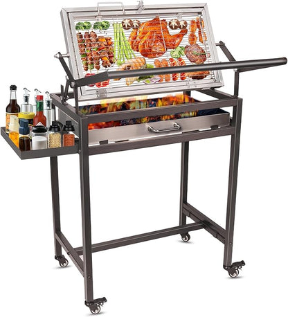 Floor-Standing Rotisserie Grill - 360 Rotating Stainless Steel Flipping Barbecue with Foldable for Outdoor Camping Backyard Includes Wheels Removable Ash Drawer (KA-6168L)