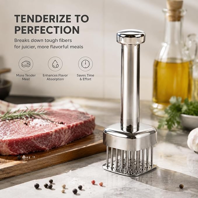 Meat Tenderizer Tool, 304 Stainless Steel, with 28 Needles & Retractable Safety Guard, Square Head Covers More Surface for Beef Steak Chicken Turkey, Dishwasher Safe