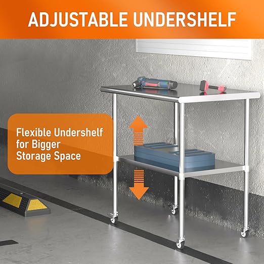 Stainless Steel Table with Wheels 24" x 36" Utility Worktable with Adjustable Undershelf for Commercial Kitchen, Garage, Restaurant