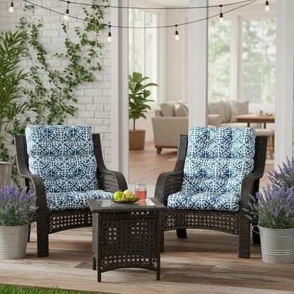 Outdoor Tufted High-Back Chair Cushions, One-Piece Hinged Seat and Back Design, Reversible with 4 Ties, Durable Polyester Fabric, Recycled Fiber Fill - Set of 2, Indigo Lattice