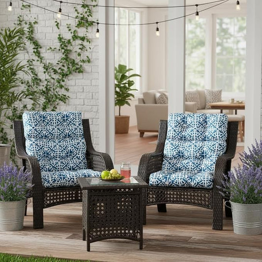 Outdoor Tufted High-Back Chair Cushions, One-Piece Hinged Seat and Back Design, Reversible with 4 Ties, Durable Polyester Fabric, Recycled Fiber Fill - Set of 2, Indigo Lattice