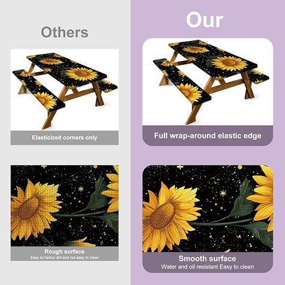 Picnic Table Cover with Bench Covers Sunflower, Waterproof Windproof Elastic Fitted Tablecloth for 6FT Rectangle Tables, Outdoor Camping Patio Garden BBQ Table Cover Set