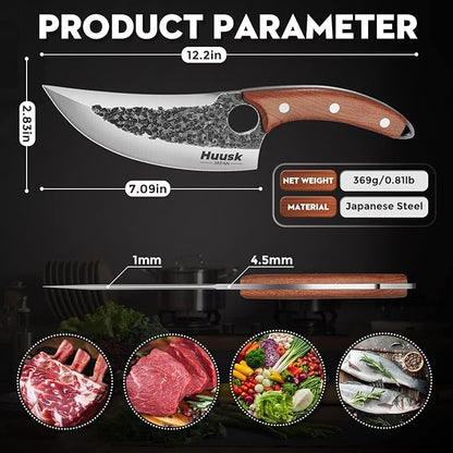 Huusk Knife Japan Kitchen Upgraded Viking Knives with Sheath, Hand Forged Butcher Knife for Meat Cutting, Japanese Cooking Chef Knives, Sharp Meat Cleaver for Outdoor Camping, BBQ, Gift for Men