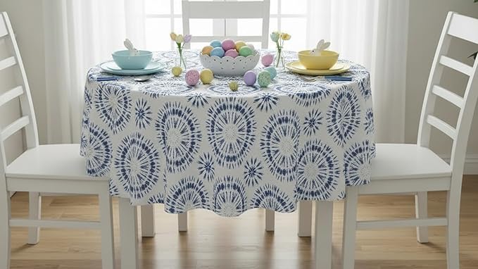 Newbridge Blue Tie Dye Vinyl Tablecloth, 70 Inch Round – Flannel Backed Blue and White Table Cover for Dining, Picnics, BBQs, and Parties